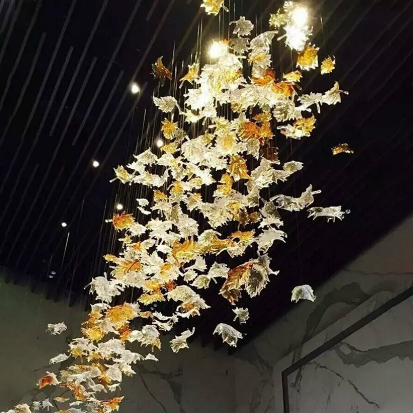 Art Decorative Hotel Maple Leaf Chandelier Lighting Luxury Hand Blown Glass Pendant Lighting Amber and Clear Color Hotel Project Light