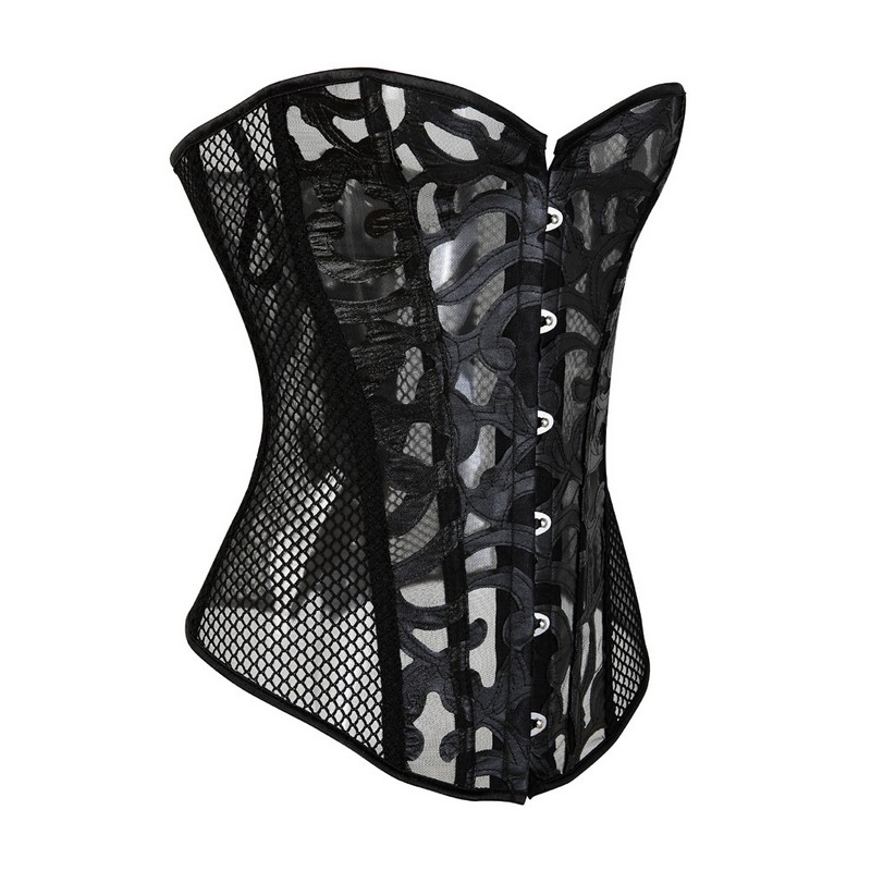 Plus Size Lace Mesh Corset Bustier S-6XL Black White Ultra Light-weight Hollow-out Fish Net Back Overbust Corselet No Ruffle Trim