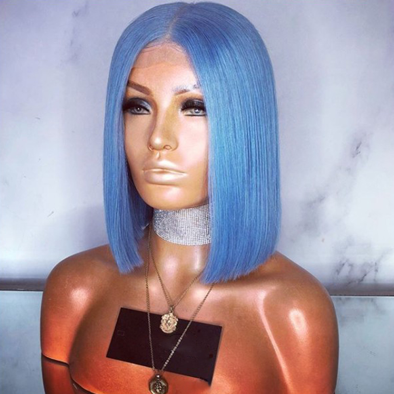Fashion Women Wigs 14 Inches Short Bob Wig Blue Color Synthetic Lace Front Wig For Women Middle Part High Temperature Fiber Hair cosplay