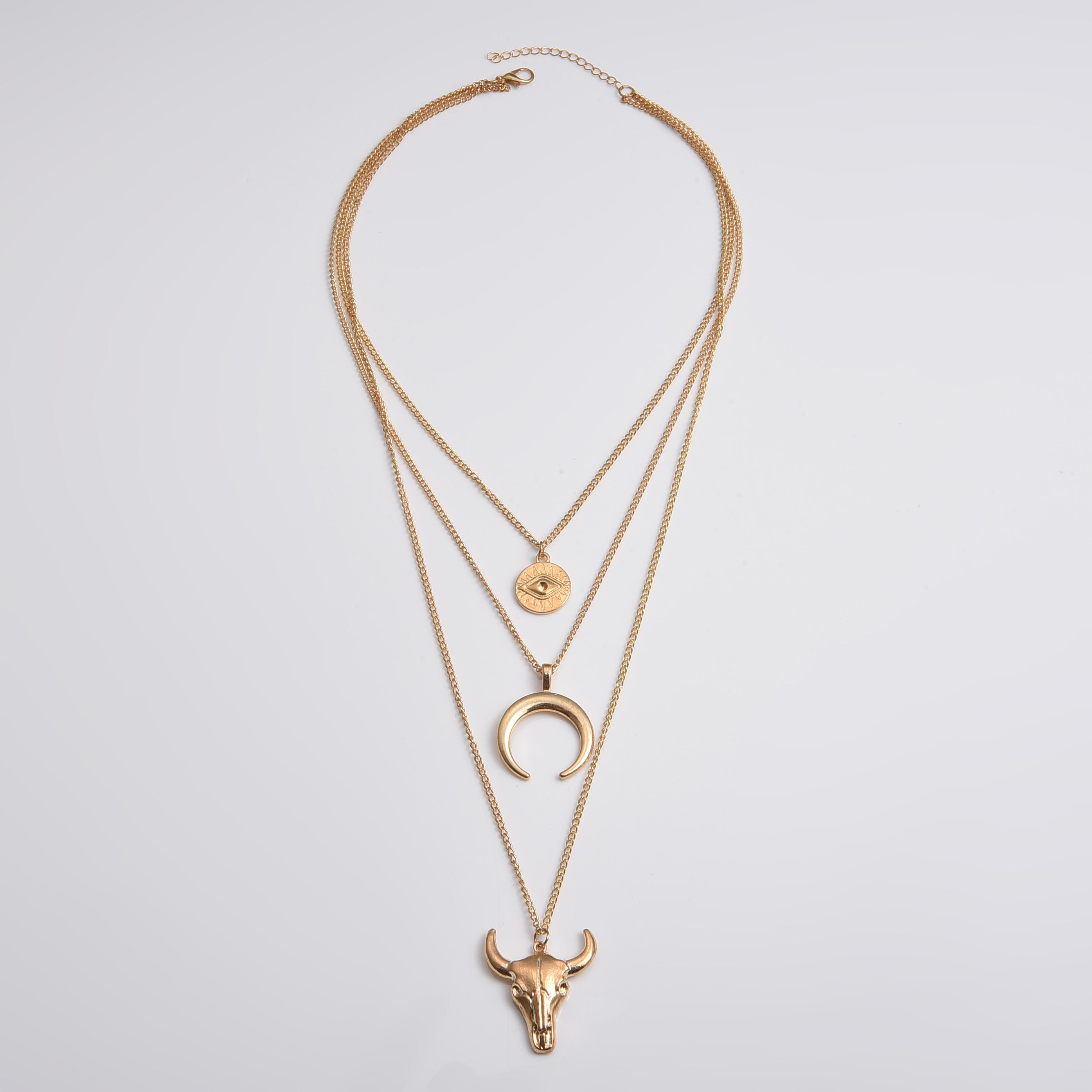 3pcs/set Women Long Sweater Chain Animal Cow Head Pendant Necklace Alloy Eye Horn Multilayer Necklace Jewelry Gift for Girls