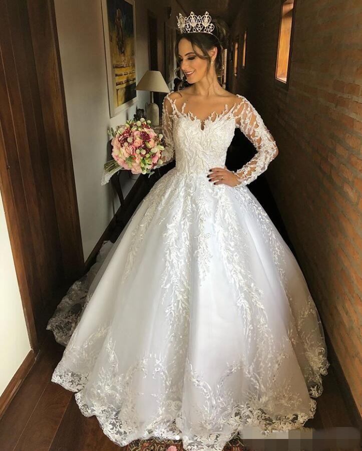 Ball Sleeves Long Gown Dresses Scoop Sheer Neck Pearls Beaded Sweep Train Wedding Bridal Gowns Custom Made Vestido De Novia S