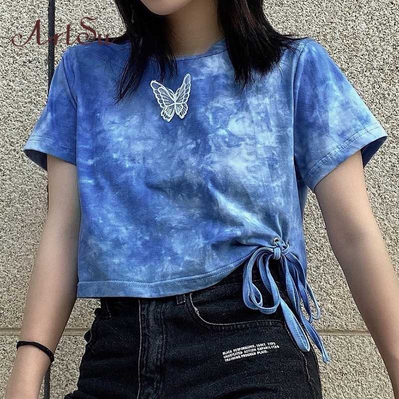 Blue Tie Dye Butterfly Print Crop Top Cropped T shirt Short Sleeve Summer Lace-up T Shirts Streetwear Tee Top Harajuku New
Blue Tie Dye Butterfly Print Crop Top Cropped T shirt Short Sleeve Summer Lace-up T Shirts Streetwear Tee Top Harajuku New