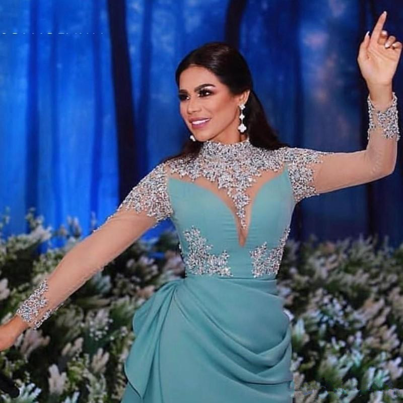Mint Blue High Neck Evening Dresses 2020 Arabic Illusion Long Sleeve Hand Beaded Applique Robe de soiree Musulman Prom Dress