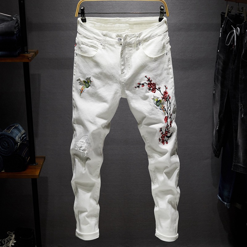 Men's Hole Patch 3 Colors Stretch Jeans Embroidery Rose Slim Denim Pants For Men Trendy Fashion Patchwork Ripped Straight Trousers, White-y818
Men's Hole Patch 3 Colors Stretch Jeans Embroidery Rose Slim Denim Pants For Men Trendy Fashion Patchwork Ripped Straight Trousers, White-y818
