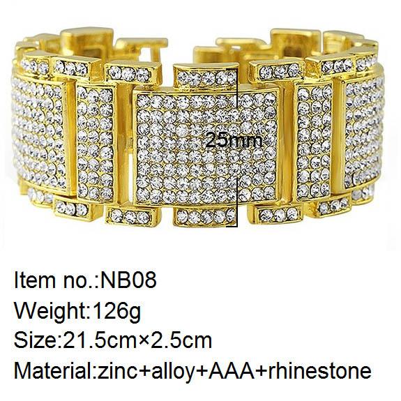 New Fashion Stainless Steel Bling Full Diamond Gold Silver Black Hip Hop Mens Watch Band Chain Bracelet Rapper Wristband Jewelry for Boys
