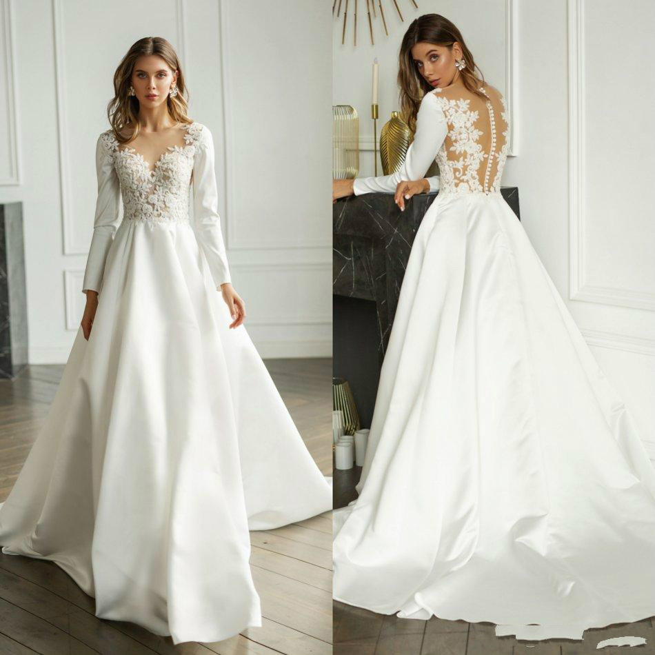 Beach Satin Wedding Dresses V Neck Long Sleeve Bridal Gowns Lace Appliqued Illusion Back Sweep Train Wedding Dress
