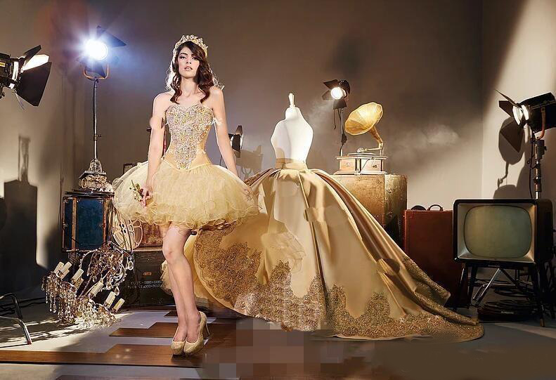 2020 Elegant Gold Applique Ball Gown Prom Dresses With Detachable Train Sweetheart Quinceanera Gowns Sweet 16 Birthday Party Prom Wear