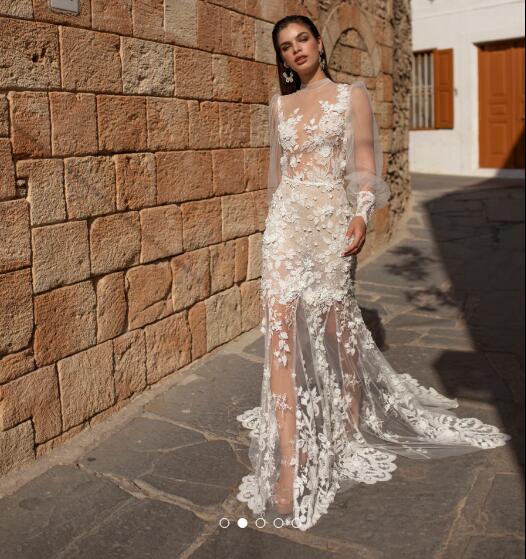 Lian Rokman Mermaid 2020 Wedding Dresses 3D Floral Appliqued Lace Long Sleeve Bridal Gowns Sweep Train Robe De Mariée