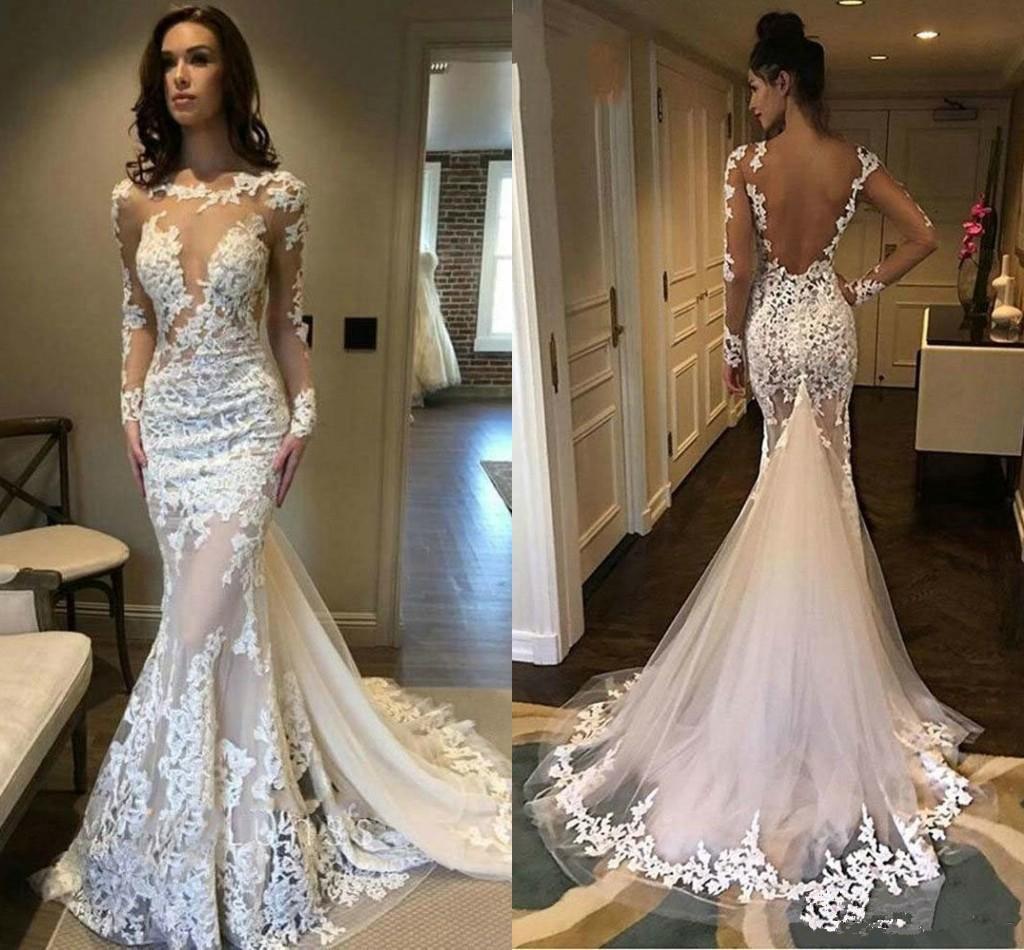 Newest Sheer Neck Dresses Long Illusion Sleeves Lace Applique Sexy Backless Sweep Train Custom Made Wedding Gowns