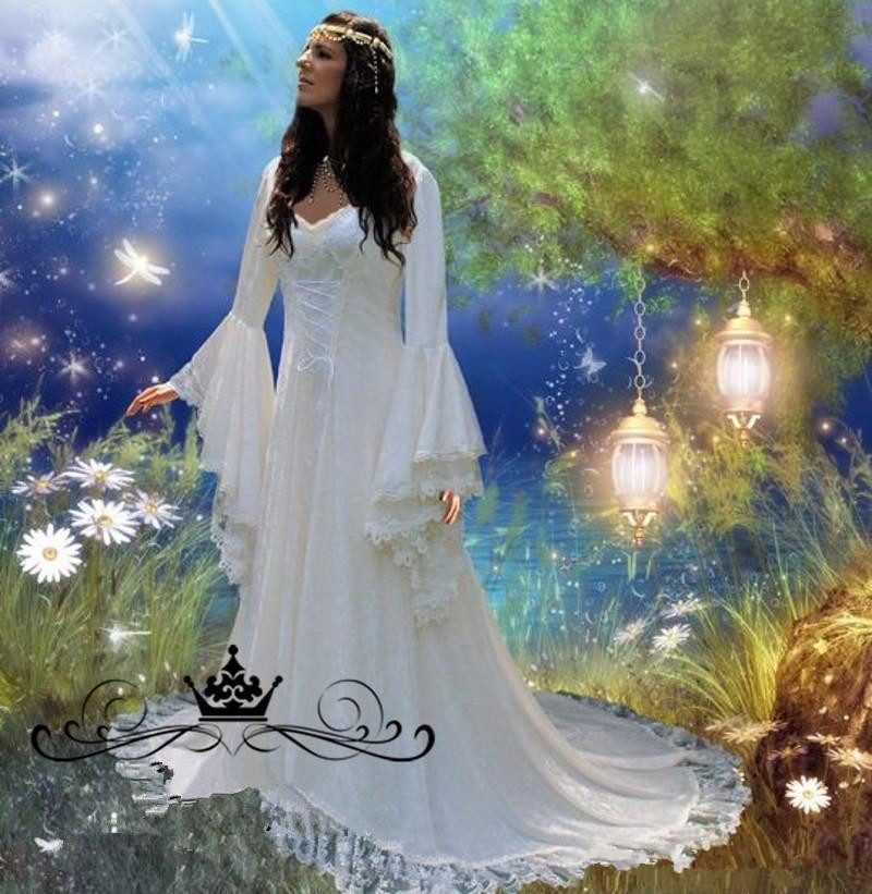 Vintage Lace Gothic Overskirts Wedding Dresses 2019 Plus Size A Line Bell Long Sleeve Bridal Gowns Renaissance Medieval halloween