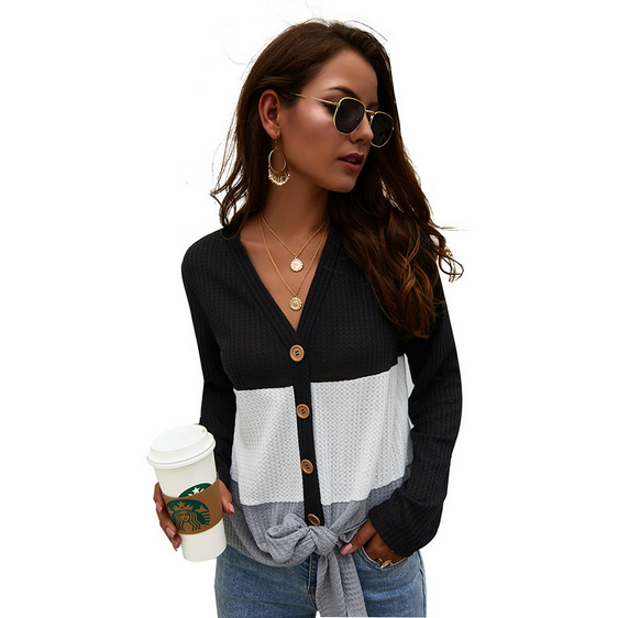 Spot Knits European autumn and winter sexy V-neck long-sleeved pullover button temperament sweater support mixed batch