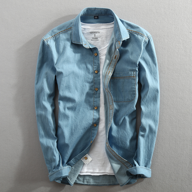 men jeans shirt Pure Cotton Regular Fit Long Sleeve Fashion mens Dress shirts Denim Casual Double Pocket