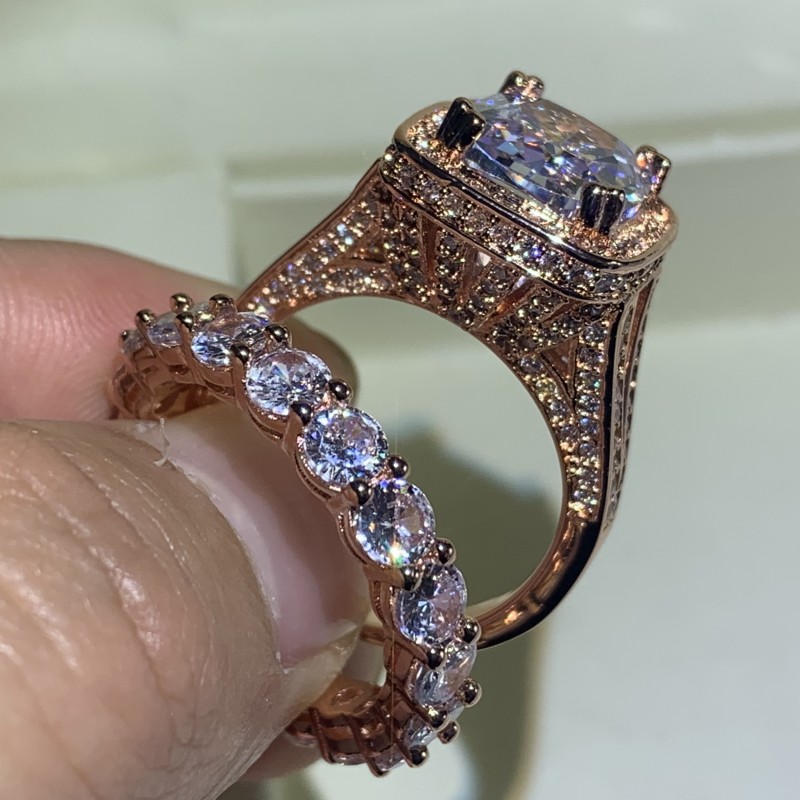 New Arrival Stunning Luxury Jewelry 925 Sterling Silver&Rose Gold Fill Cushion Shape White Topaz CZ Diamond Women Wedding Bridal Ring Set