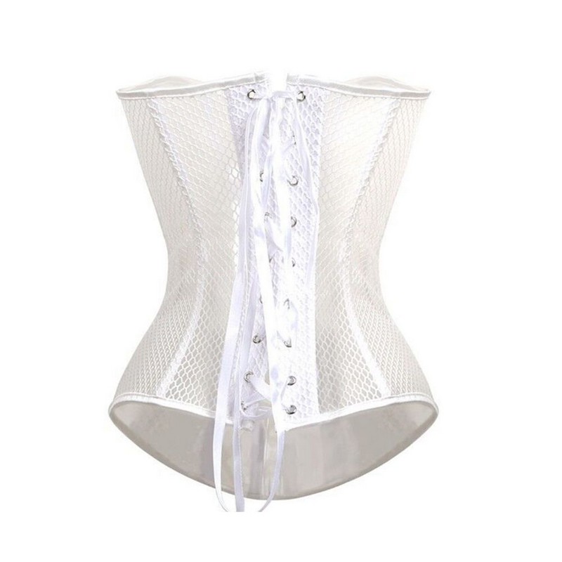 Plus Size Lace Mesh Corset Bustier S-6XL Black White Ultra Light-weight Hollow-out Fish Net Back Overbust Corselet No Ruffle Trim