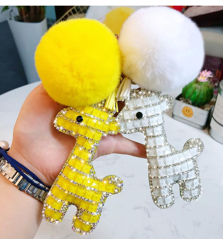 Cute Rhinestones Giraffe Keychain Doll Animal Key Ring Car Bag Pendant Rabbit Fur Pom Pom Key Chains Gift Trinkets Porte Clef