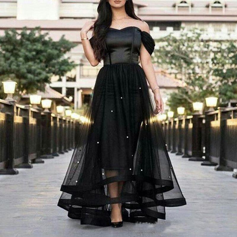 2019 Black Prom Dresses Off the Shoulder Beaded Tulle Satin Boned Bodice Party Dresses Long Back Evening Gowns