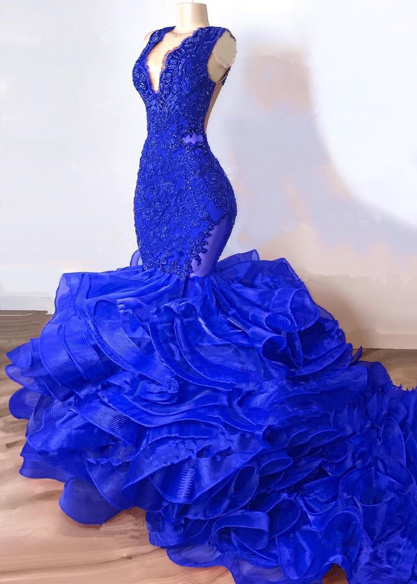 Royal Blue Mermaid Prom Dresses Custom Made V Neck Sleeveless Lace Applique Beaded Evening Gowns Tiered Ruffles Sweep Train Party Dress D0312