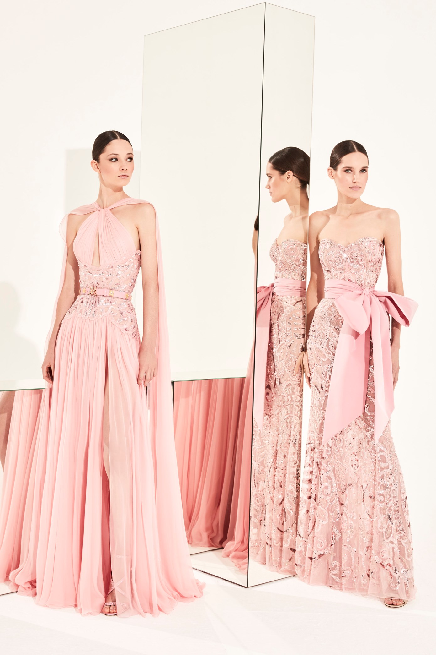 Zuhair Murad Pink Evening Dresses Jewel Neck A Line High Side Split Prom Dress Beaded Appliques Cocktail Party Gowns Vestidos De Novia