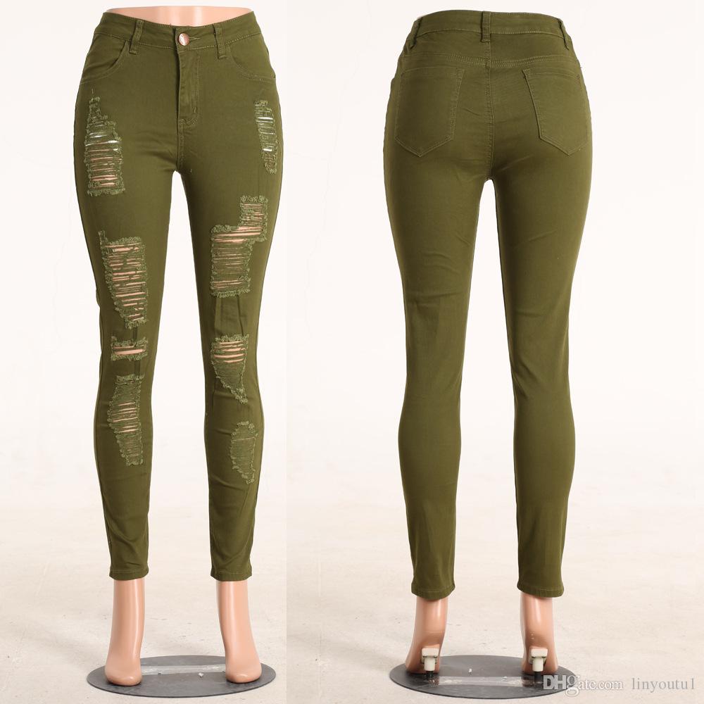 2020 new fashion wild casual commuter big hole small feet pants personality honing broken elastic jeans women's trousers