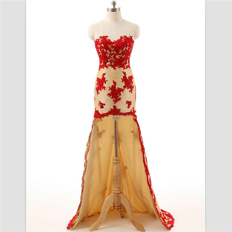 Elegant Red Lace Hi-Lo Prom Dresses Custom Sweetheart Evening Sweep Train Party Gowns Robe De Mariée