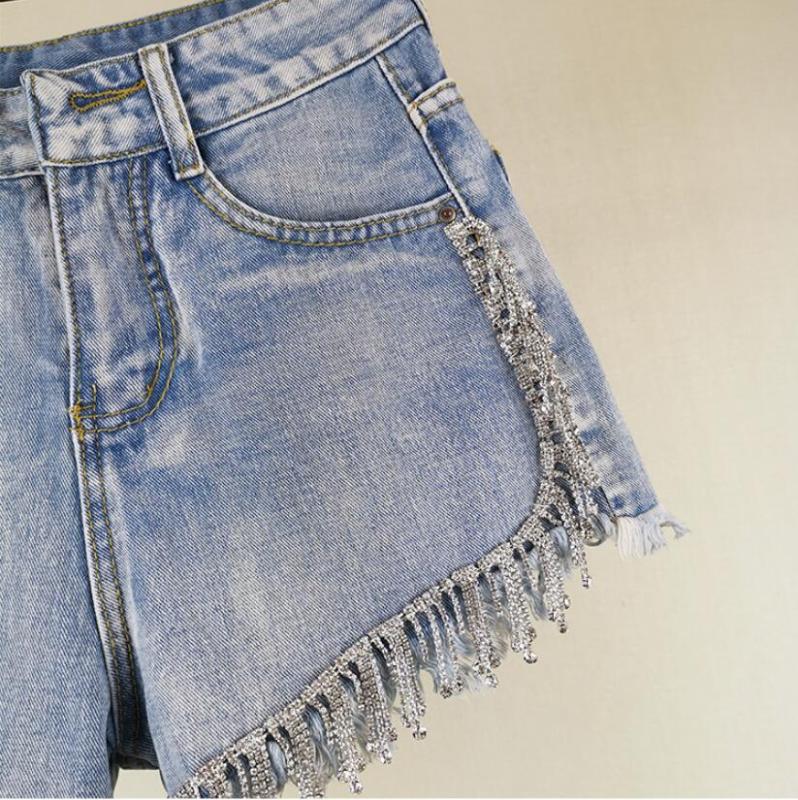 Rhinestone tassel high waist denim 2020 women summer fashion diamonds heavy work wide leg jeans shorts q631