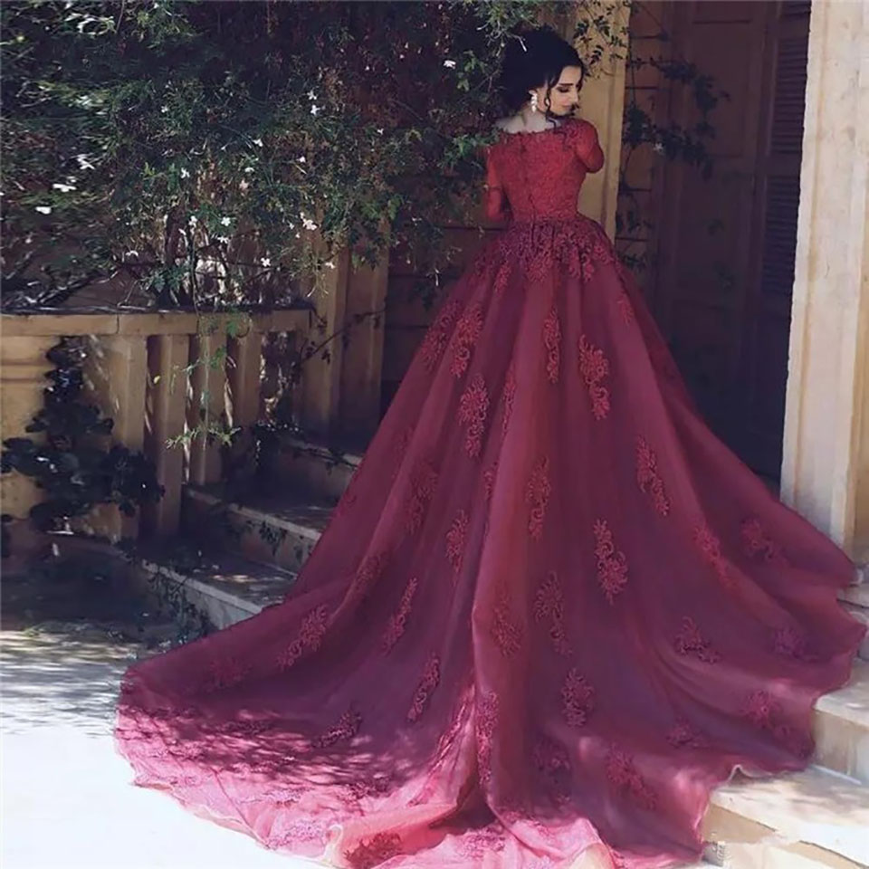 New Half sleeve Burgundy evening dress Lace Appliques Dubai Arabic evening dresses Long evening gown abiye elbise