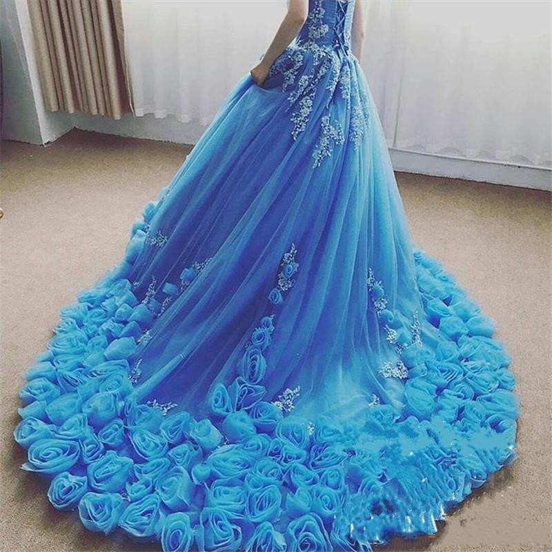 2020 Sexy Blue Ball Gown Wedding Dresses Sweetheart Lace Appliqes Beads Hand Made Flowers Court Train Formal Quinceanera Dress Bridal Gowns