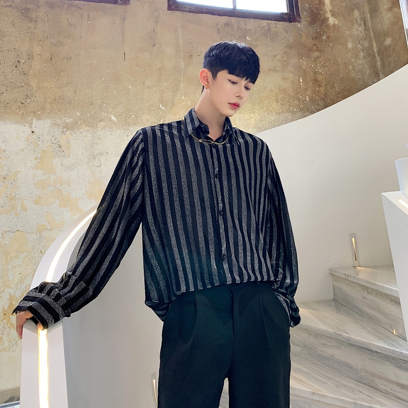 Men Long Sleeve Silver Wire Shining Loose Casual Striped Shirts Male Streetwear Hip Hop Party Dress Shirts Stage Show Clothing, 2130
Men Long Sleeve Silver Wire Shining Loose Casual Striped Shirts Male Streetwear Hip Hop Party Dress Shirts Stage Show Clothing, 2130