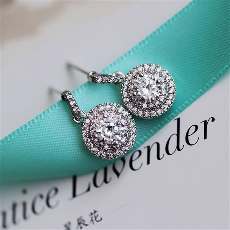 Sterg Sier Round Topaz Zircon Dangle Earrings: Timeless Elegance for Women