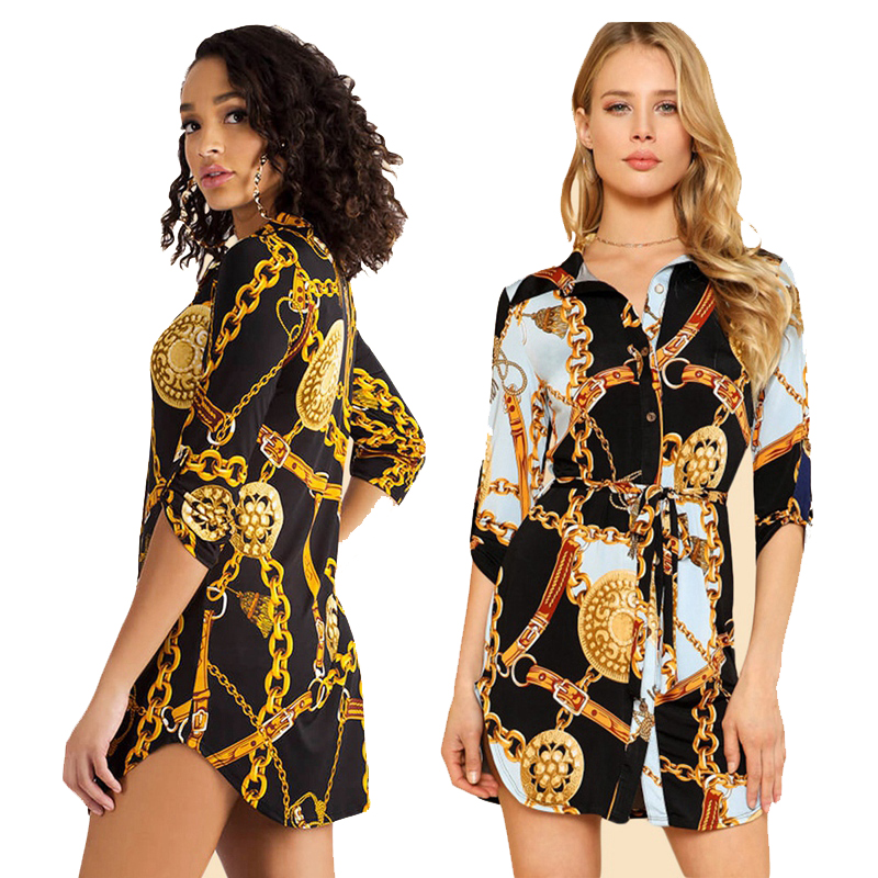Fashion Middle Sleeve Chain Print Women Blouse Dress And Tops Lapel Lace-Up Button Summer Shirt Casual Tops Short Dress, Black
Fashion Middle Sleeve Chain Print Women Blouse Dress And Tops Lapel Lace-Up Button Summer Shirt Casual Tops Short Dress, Black