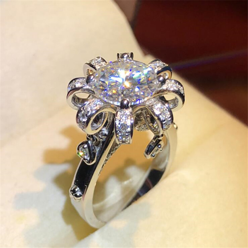 US Size 6-10 Classic Jewelry 925 Sterling Silver Round Cut White Topaz CZ Diamond Gemstones Eternity Women Flower Wedding Band Ring Gift