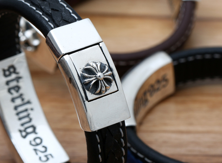 Brand new 925 sterling silver handmade jewelry American European vintage antique silver designer ID bracelets leather band nice gift