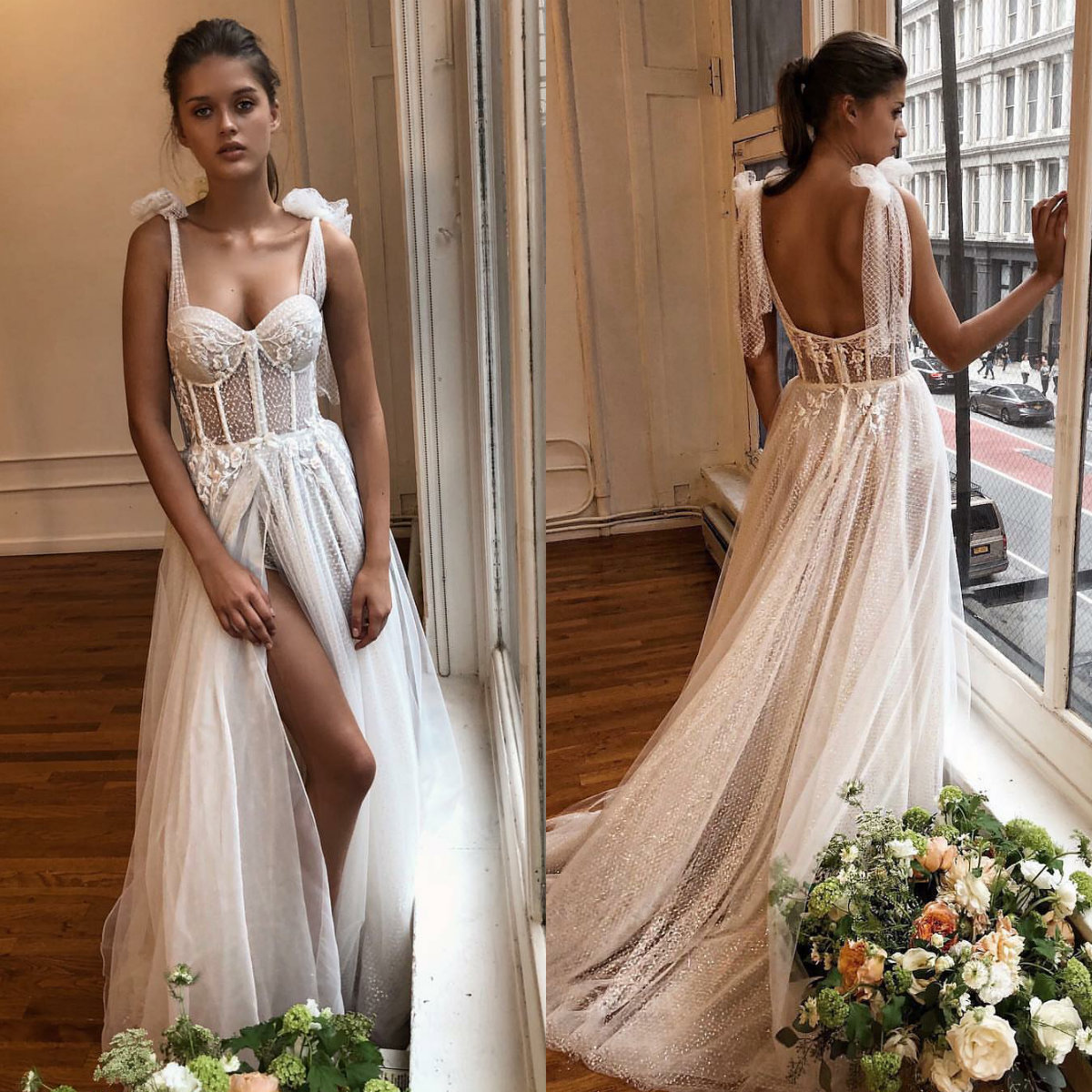 Muse By Berta 2019 Wedding Dress Illusion Lace Applique Exposed Boning Sexy Beach Wedding Dress Thigh High Slits Summer Boho Bridal Gowns