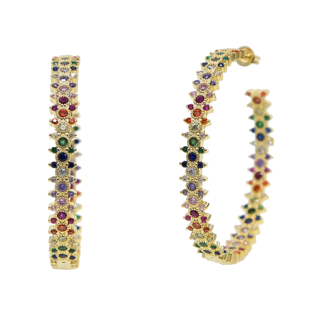 luxury Gold plated Big Hoop earring for women gorgeous luxury girlfriend gift full rainbow cz Classic Hoops jewelry