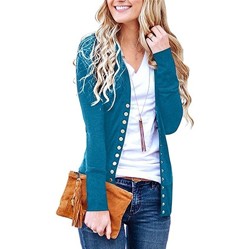 Women's Snap Button Cardigan Ladies Autumn Long Sleeve Black Elegant Open Slim Sweater Knit Coat