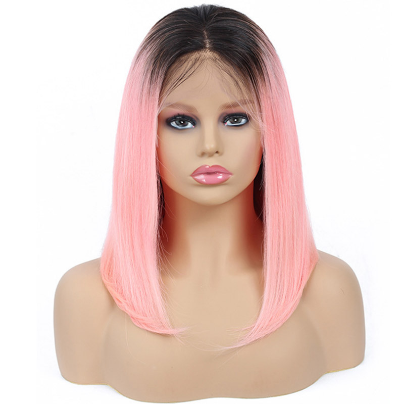 Indian Ombre Human Hair Silky Straight 1B/Grey 1B/Pink 13X4 Lace Front Wig 10-16Inch Short Bob Wigs