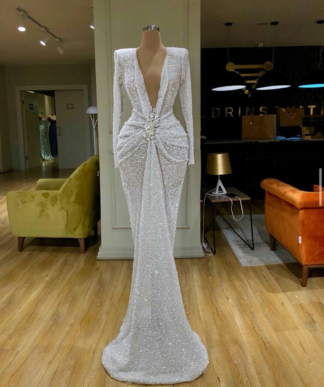 white mermaid prom dresses deep v neck long sleeve beads appliqued evening dresses formal party pageant gowns