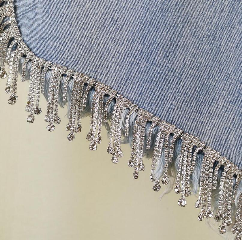 Rhinestone tassel high waist denim 2020 women summer fashion diamonds heavy work wide leg jeans shorts q631