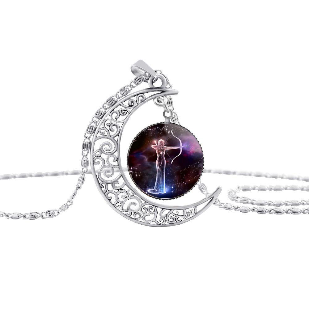12 zodiac pendant necklaces Hollow Moon cabochons Glass Moonstone constellation starry sky Charm chokers For women s Fashion Jewelry