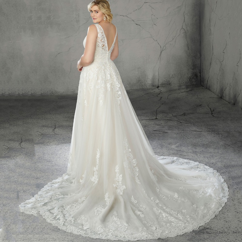 Plus Hot Sale Size Lace Backless Wedding Dresses A Line V Neck Bridal Gowns Sweep Train Tulle Appliqued Robe De Marie ppliqued