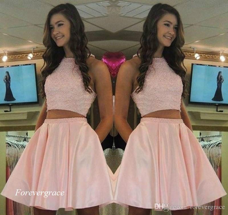 2019 Cheap Lovely Pink Two Pieces Homecoming Dress A Line Short Juniors Sweet 15 Graduation Cocktail Party Dress Plus Size Custom Made