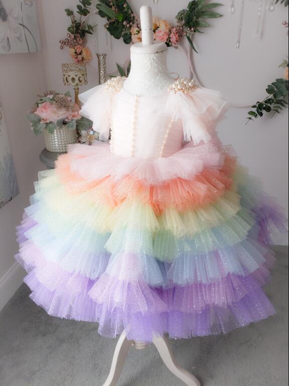 2020 Rainbow Flower Girl Dresses Ruffled Lace Tiered Pearl Glitter Girl Pageant Gowns Custom Made First Communion Dress