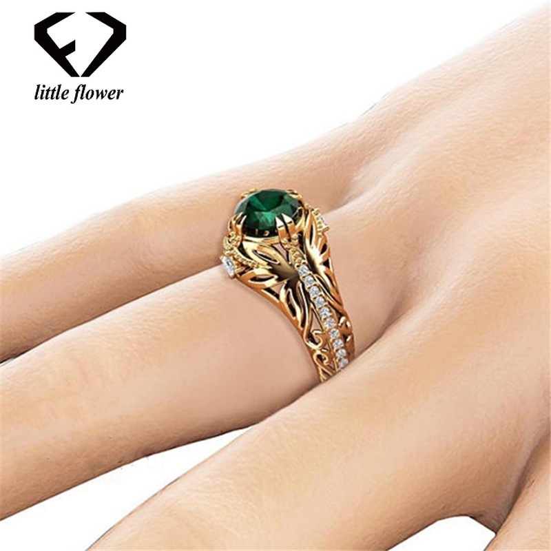 14K Gold Diamond Emerald Wedding Ring Jewelry Ornament Etoile Anillos diamond Bizuteria for Women Emerald Jade 14K Gemstone Ring LY191217