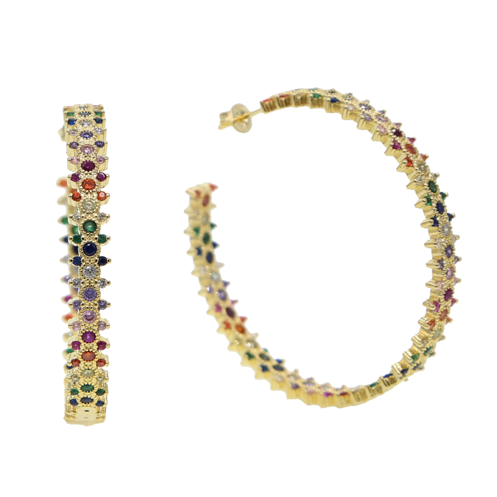 luxury Gold plated Big Hoop earring for women gorgeous luxury girlfriend gift full rainbow cz Classic Hoops jewelry