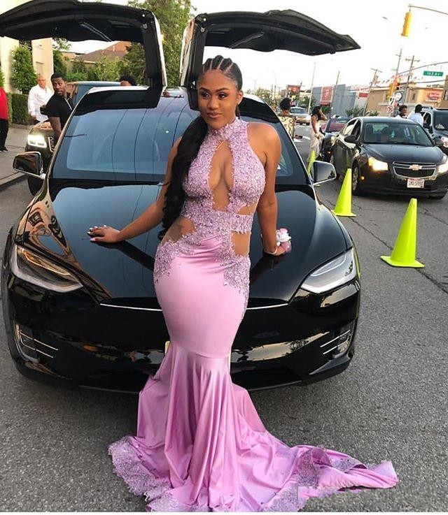 Sides Sexy Cutaway Prom Dresses High Neck Keyhole Appliques Beads Mermaid Evening Dress Crystals Satin Long Black Girls Party Gowns
