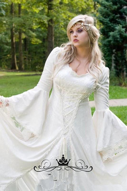 Vintage Lace Gothic Overskirts Wedding Dresses 2019 Plus Size A Line Bell Long Sleeve Bridal Gowns Renaissance Medieval halloween