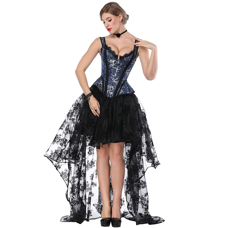 Women Vintage Corset Top with Hi-lo Mesh Skirt Outfit Halterneck Contrast Panel Side Hip Curve Overbust Padded Corset Fashion Burlesque Set