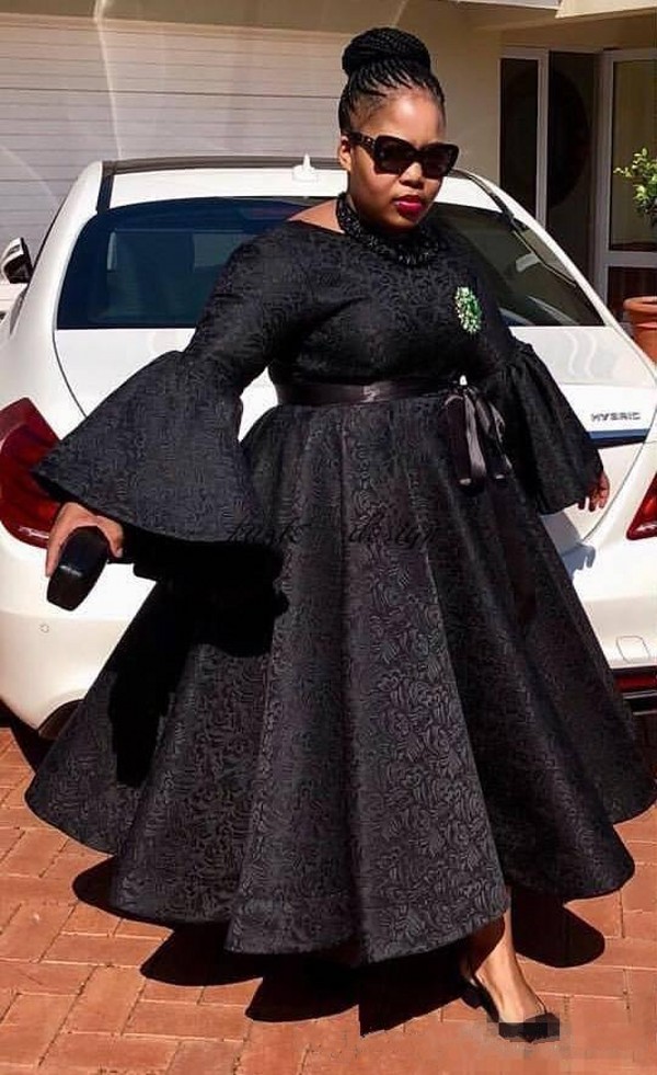 Spring 2020 Puffy Long Sleeve Plus Size Prom Dresses Boat Neck Puffy A Line Ankle Length Black Lace Formal Gowns for Black Girls