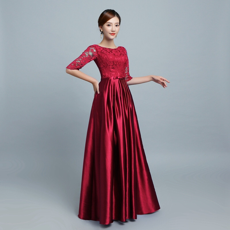 Scoop Neck Lace Satin Evening Dresses Long Royal Blue Burgundy 2020 Floor Length Bridesmaid Dress Abendkleider