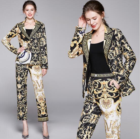New suit retro contrast color printing top + trousers two-piece suit, As the picture
New suit retro contrast color printing top + trousers two-piece suit, As the picture